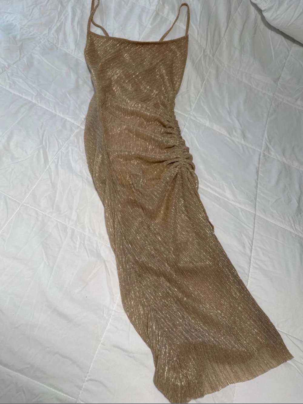 PrettyLittleThing Metallic Gold Ruched Slip Maxi Dress